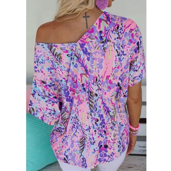 Pretty in Pink V Neck Short Sleeve Abstract Floral Top Summer Blouse - Picture 1 of 8